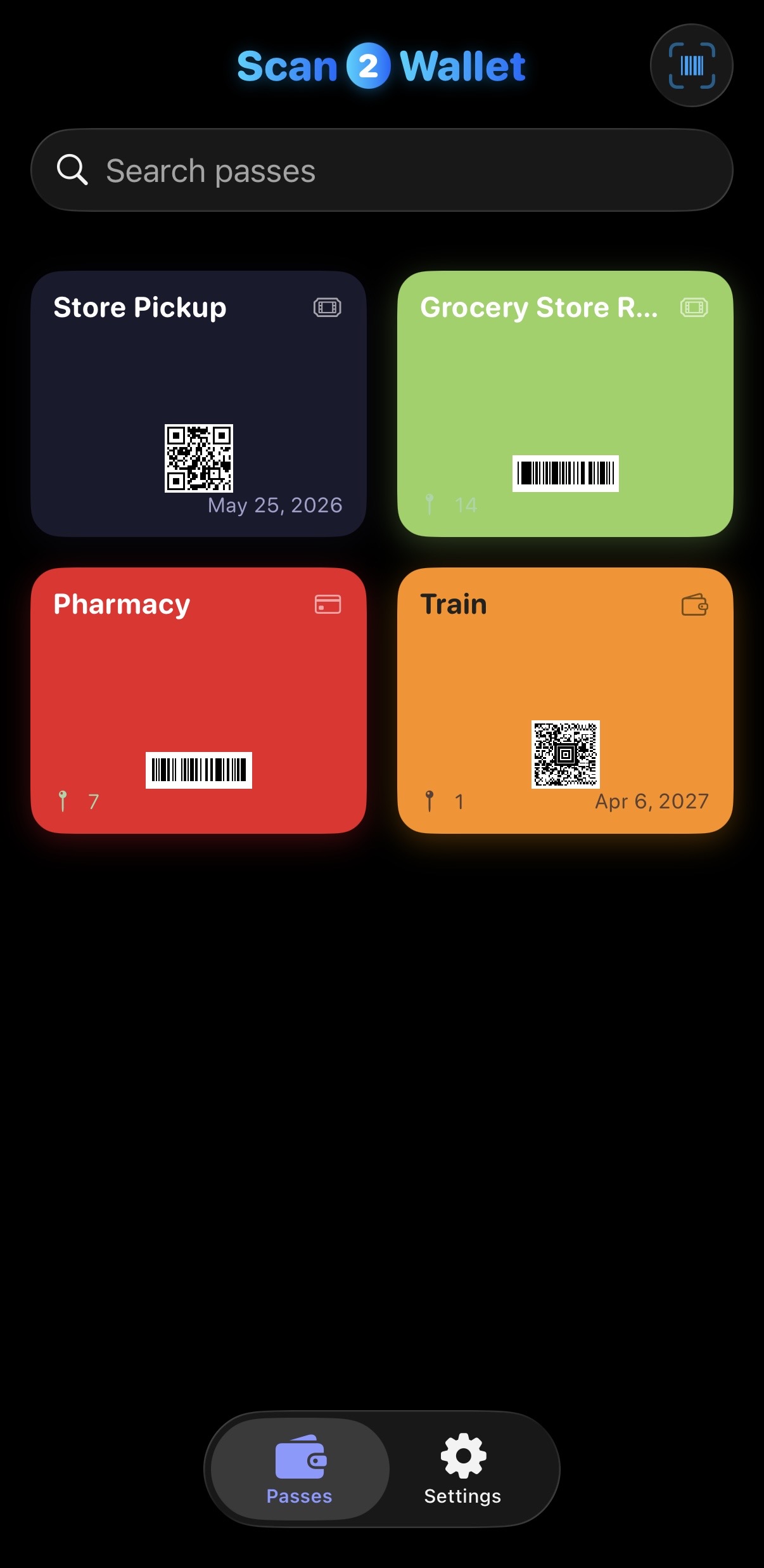 Scan2Wallet Passes home screen